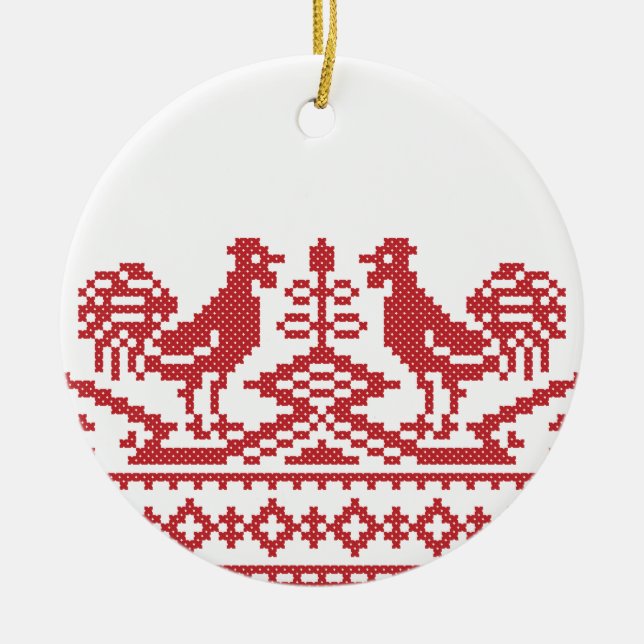 Red Rooster cross-stitch Ceramic Ornament (Front)