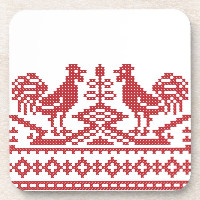 Red Rooster cross-stitch Coaster (Front)