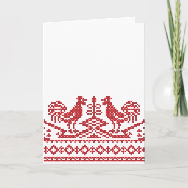 Red Rooster cross-stitch Holiday Card (Front)