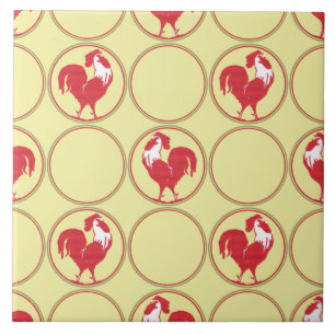 Red Rooster Medallion Pattern on Yellow Ceramic Tile