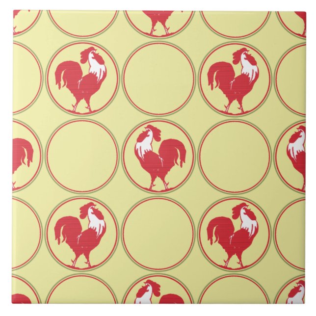 Red Rooster Medallion Pattern on Yellow Ceramic Tile (Front)