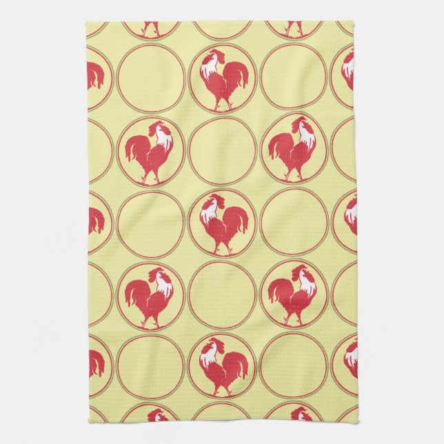 Red Rooster Medallion Pattern on Yellow Tea Towel (Vertical)