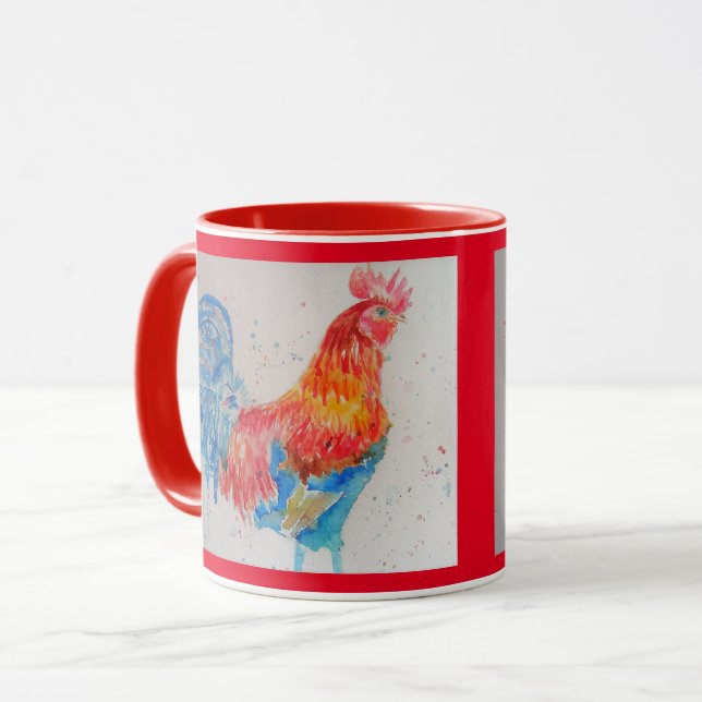 Red Rooster Watercolor Mug (Front Left)