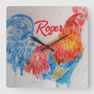 Red Rooster Watercolor Painting Art Chicken Square Wall Clock