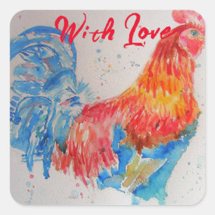 Red Rooster Watercolor Painting Birthday Day Dad Square Sticker