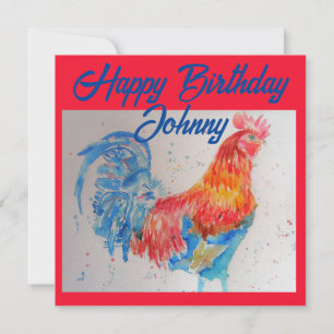 Red Rooster Watercolor Painting Happy Birthday Invitation