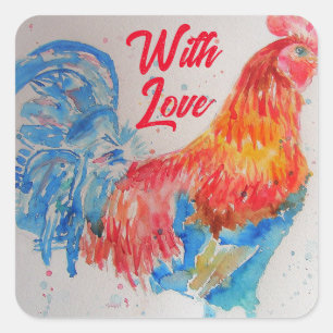 Red Rooster Watercolor Painting With Love Square Sticker