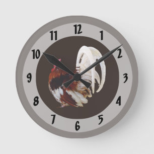 Red Rooster With White Tail Feathers Round Clock
