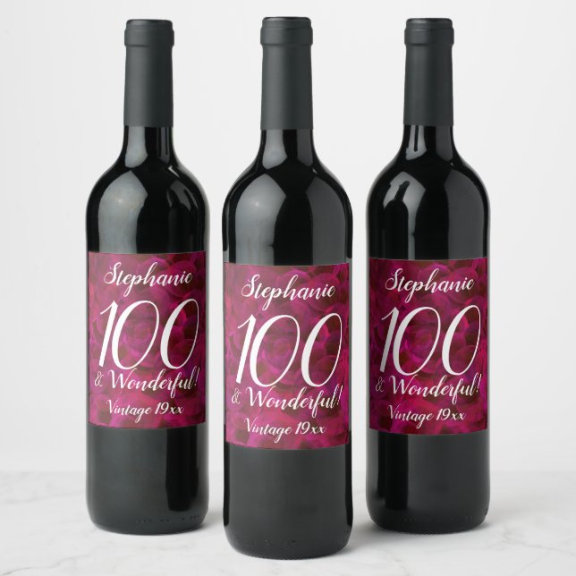 Red Rose 100 and Wonderful Birthday Party Wine Label (Bottles)