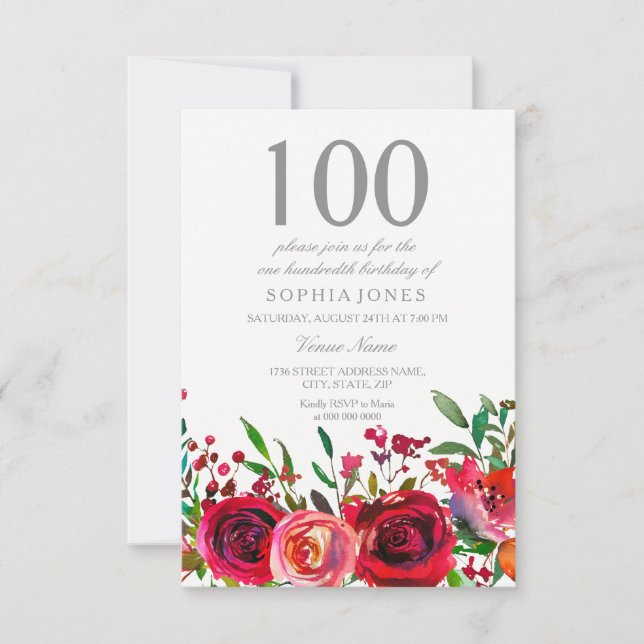 Red Rose 100th Birthday Party Invitation (Front)