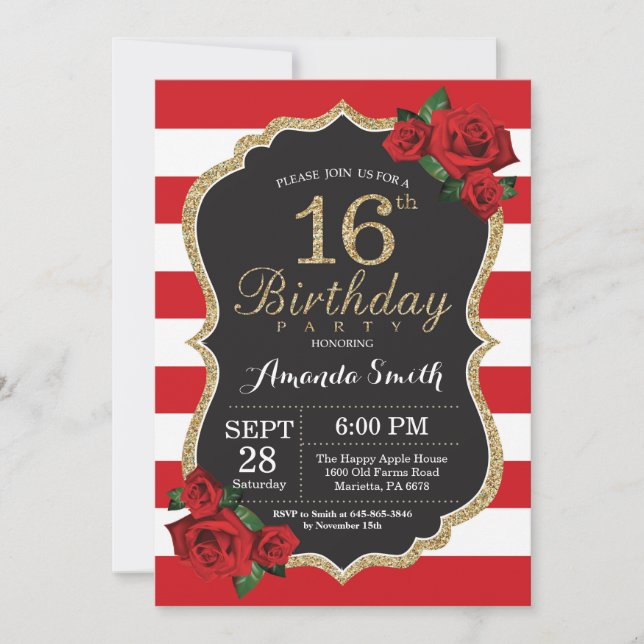 Red Rose 16th Birthday Invitation Gold Glitter (Front)