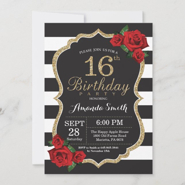 Red Rose 16th Birthday Invitation Gold Glitter (Front)