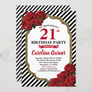 Red rose 21st birthday invitation for gold
