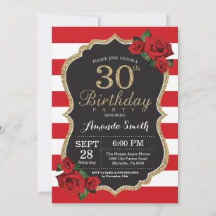 Red Rose 30th Birthday Invitation Gold Glitter