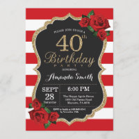 Red Rose 40th Birthday Invitation Gold Glitter