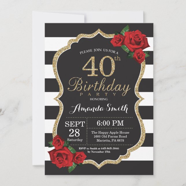 Red Rose 40th Birthday Invitation Gold Glitter (Front)