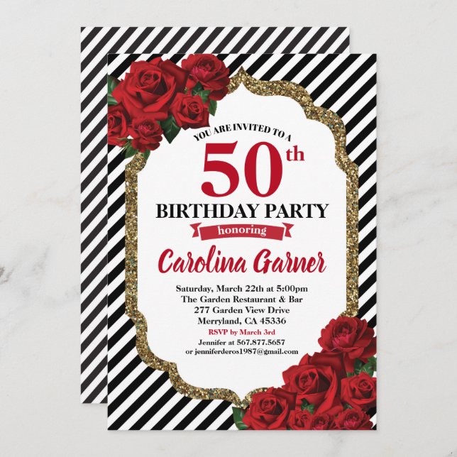 Red rose 50th birthday invitation for women (Front/Back)
