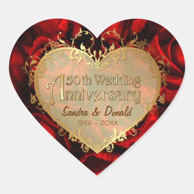 Red Rose 50th Wedding Anniversary Heart Sticker (Front)