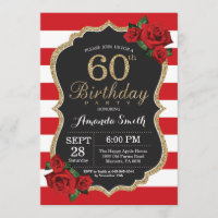 Red Rose 60th Birthday Invitation Gold Glitter