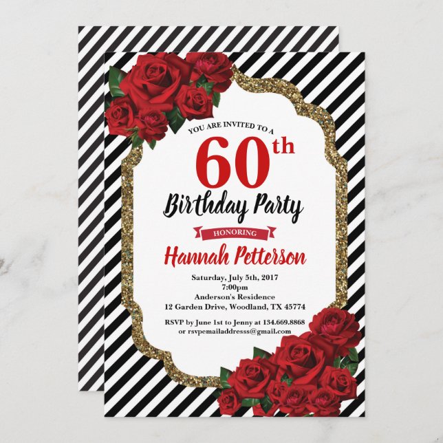 Red rose 60th birthday party invitation woman (Front/Back)