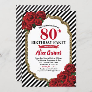 Red rose 80th birthday invitation for women
