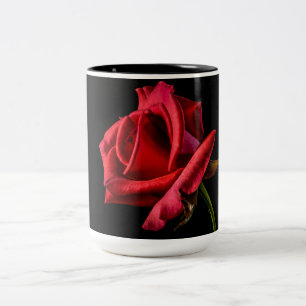 Red Rose Against Black Background Two-Tone Coffee Mug