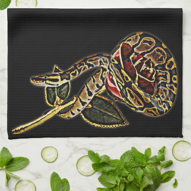 Red Rose and Ball Python Snake Tea Towel (Folded)