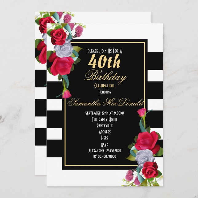 Red rose and black stripe 40th birthday invitation (Front/Back)