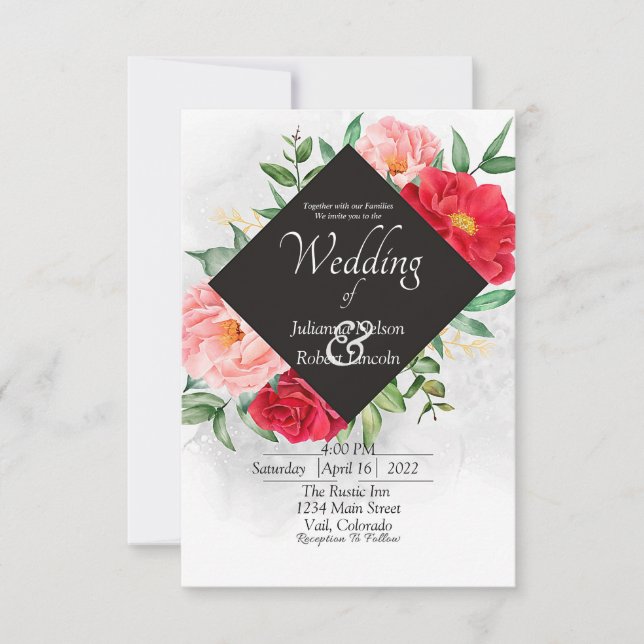 Red rose and black wedding invitation (Front)