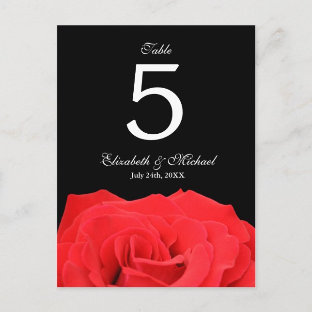 Red Rose and Black Wedding Table Number Postcard (Front)