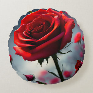 Red Rose And Buds, Round Cushion