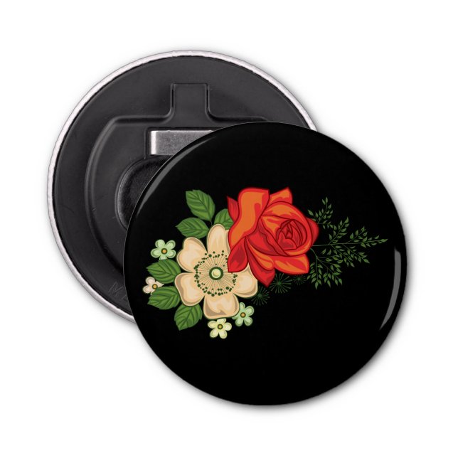 Red Rose and Daisies Black Background Bottle Opener (Front)