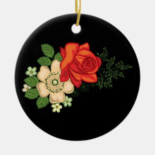 Red Rose and Daisies Black Background Ceramic Tree Decoration