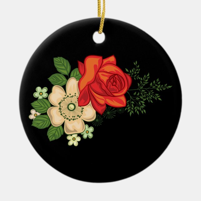 Red Rose and Daisies Black Background Ceramic Tree Decoration (Front)