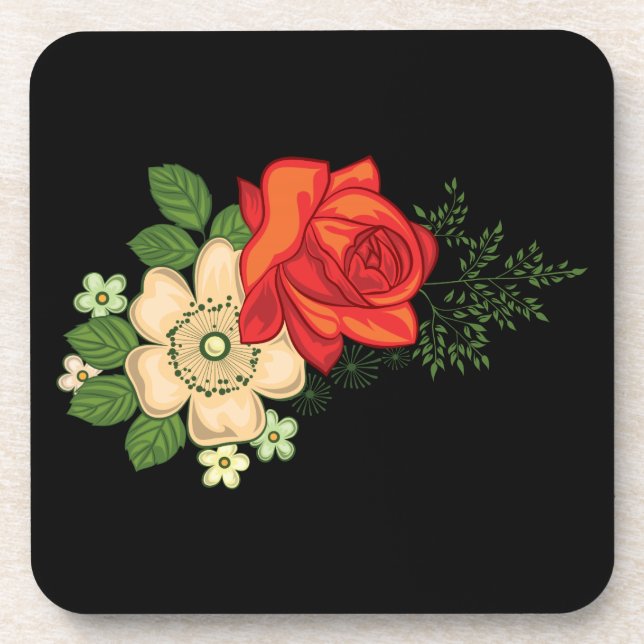 Red Rose and Daisies Black Background Coaster (Front)