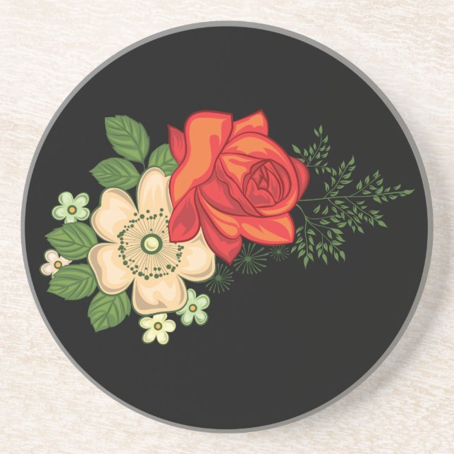 Red Rose and Daisies Black Background Coaster (Front)