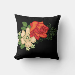 Red Rose and Daisies Black Background Cushion