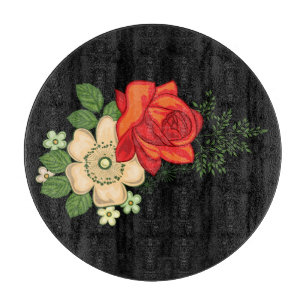 Red Rose and Daisies Black Background Cutting Board