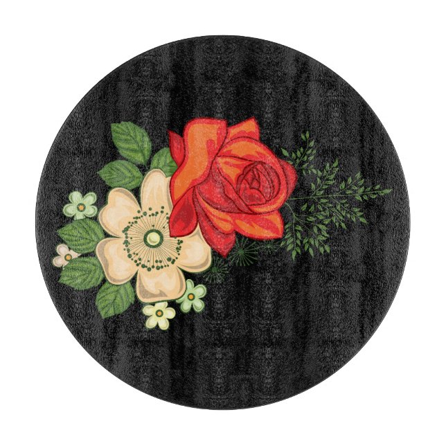 Red Rose and Daisies Black Background Cutting Board (Front)