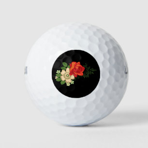 Red Rose and Daisies Black Background Golf Balls