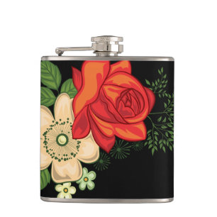 Red Rose and Daisies Black Background Hip Flask