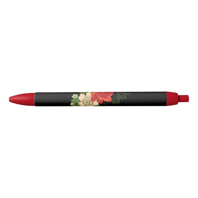 Red Rose and Daisies Black Background Ink Pen (Front)