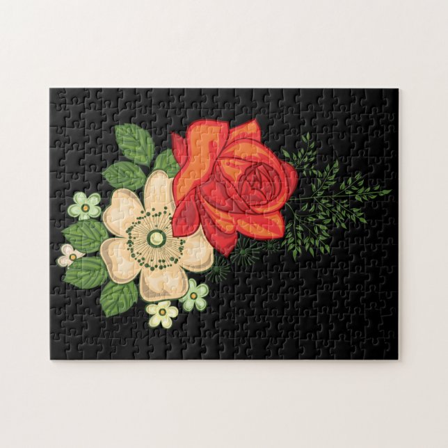 Red Rose and Daisies Black Background Jigsaw Puzzle (Horizontal)