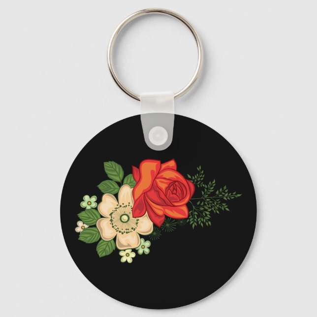 Red Rose and Daisies Black Background Key Ring (Front)