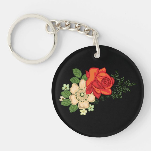 Red Rose and Daisies Black Background Key Ring (Front)