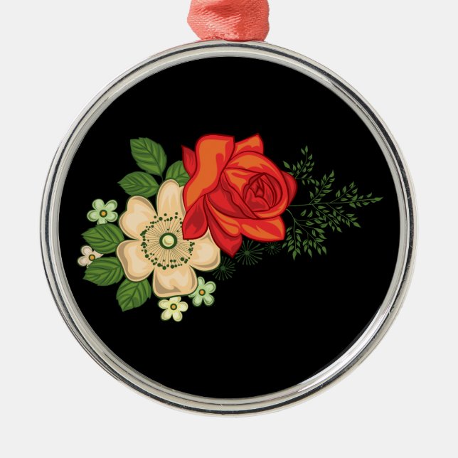 Red Rose and Daisies Black Background Metal Ornament (Front)