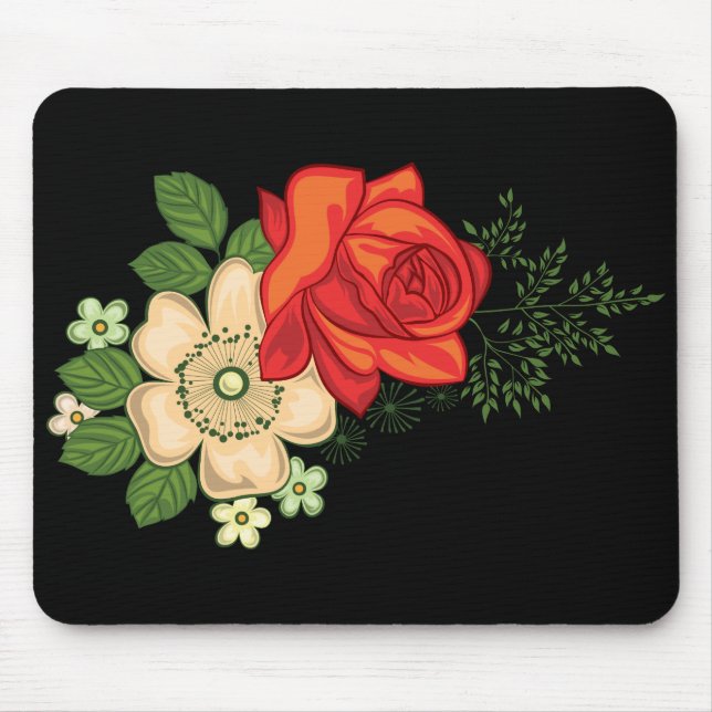 Red Rose and Daisies Black Background Mouse Pad (Front)