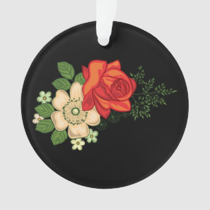 Red Rose and Daisies Black Background Ornament