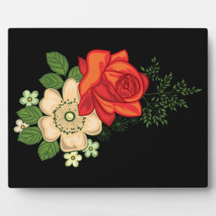 Red Rose and Daisies Black Background Plaque