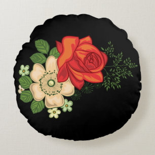 Red Rose and Daisies Black Background Round Cushion